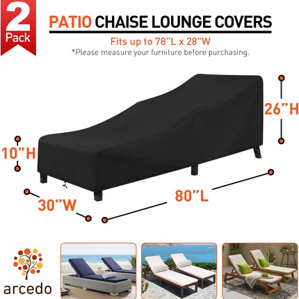 Patio Chaise Lounge Cover Water Resistant, 2 Pack of Pool Lounge Chair Covers for Outside Stackable Cushions and Outdoor Furniture, 80" x 30" x 26" H, Black.