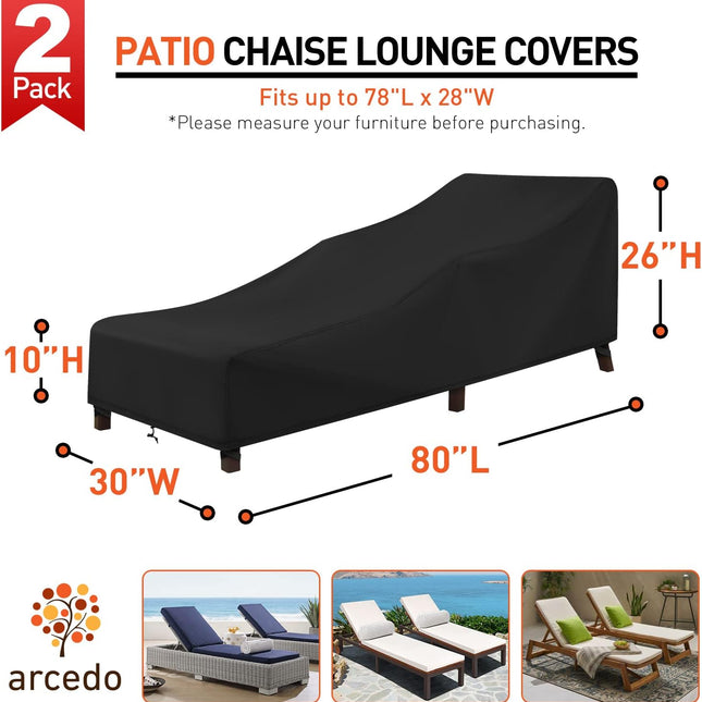 Patio Chaise Lounge Cover Water Resistant, 2 Pack of Pool Lounge Chair Covers for Outside Stackable Cushions and Outdoor Furniture, 80" x 30" x 26" H, Black.