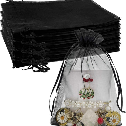 100PCS Sheer Organza Bag 5''X7'' Black Mesh Bags Drawstring Gift Bag Small for Jewelry Goodie Candy Wedding Party Favor Pouch Bags (Black).