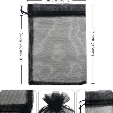 100PCS Sheer Organza Bag 5''X7'' Black Mesh Bags Drawstring Gift Bag Small for Jewelry Goodie Candy Wedding Party Favor Pouch Bags (Black).