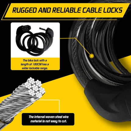 Bike Cable Lock 6FT Long, 4 Digit Resettable Combination Lock, Heavy Duty Steel Cable with Waterproof Vinyl Coating Anti Theft Security Lock for Road Bike E-Bike Scooter Fence Gate Toolbox.