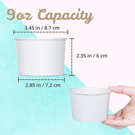 Paper Ice Cream Cups - 50-Count 9-Oz Disposable Dessert Bowls for Hot or Cold Food, 9-Ounce Party Supplies Treat Cups for Sundae, Frozen Yogurt, Soup, White.