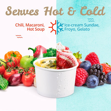 Paper Ice Cream Cups - 50-Count 9-Oz Disposable Dessert Bowls for Hot or Cold Food, 9-Ounce Party Supplies Treat Cups for Sundae, Frozen Yogurt, Soup, White.