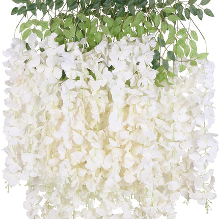12Pack Wisteria Hanging Artificial Flowers 3.6ft Wisteria Silk Flowers Garland Fake Bushy Vine Faux Ratta String for Wedding Arch Party Garden Greenery Home Wall Backdrop Decor (Milk White).