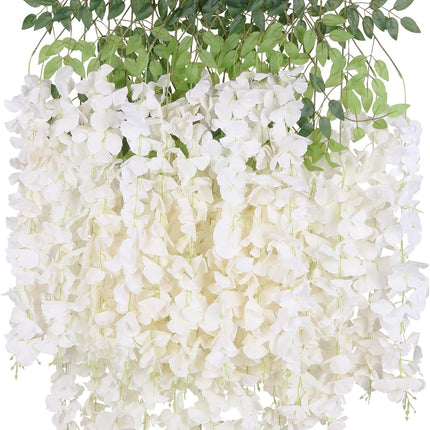 12Pack Wisteria Hanging Artificial Flowers 3.6ft Wisteria Silk Flowers Garland Fake Bushy Vine Faux Ratta String for Wedding Arch Party Garden Greenery Home Wall Backdrop Decor (Milk White).