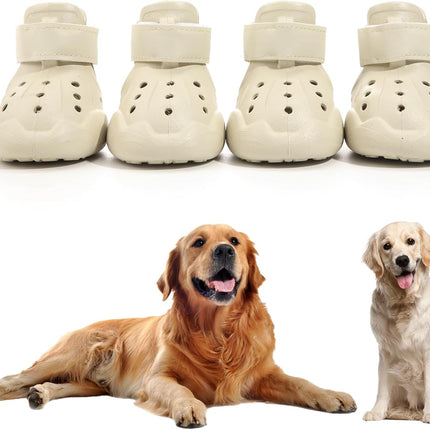 Dog Shoes, Dog Sandals for Hot Pavement, Non-Slip Waterproof Dog Booties for Winter Snowy Day and Summer, Adjustable Straps Easy-Clean Beach Outdoor Pet Boots Rugged Sole-4Pcs Beige.