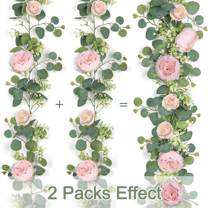 2 Pack 13FT Flower Garland, Artificial Rose Vine Fake Flower Garland Silk Rose Peony Hanging Vine Faux Floral Garlands for Wedding Party Arch Table Wall Backdrop Decoration (Light Pink, 2PCS).
