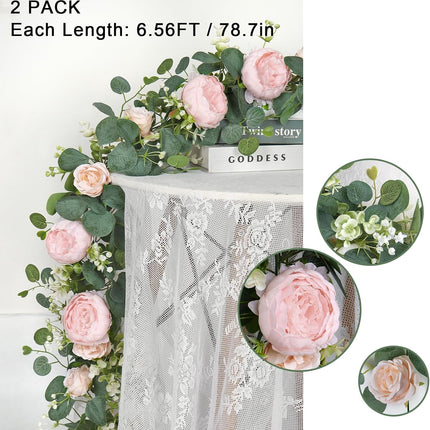 2 Pack 13FT Flower Garland, Artificial Rose Vine Fake Flower Garland Silk Rose Peony Hanging Vine Faux Floral Garlands for Wedding Party Arch Table Wall Backdrop Decoration (Light Pink, 2PCS).