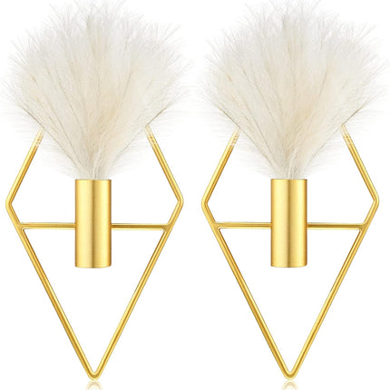 2 Pcs Boho Wall Decor Metal Gold Wall Art Hanging Planters with Artificial Pampas Modern Home Decor Display Art for Living Room Bedroom Bathroom(Rhombus).