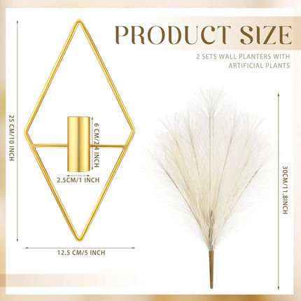 2 Pcs Boho Wall Decor Metal Gold Wall Art Hanging Planters with Artificial Pampas Modern Home Decor Display Art for Living Room Bedroom Bathroom(Rhombus).