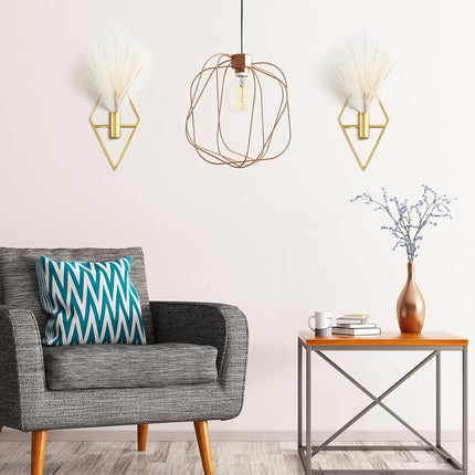 2 Pcs Boho Wall Decor Metal Gold Wall Art Hanging Planters with Artificial Pampas Modern Home Decor Display Art for Living Room Bedroom Bathroom(Rhombus).