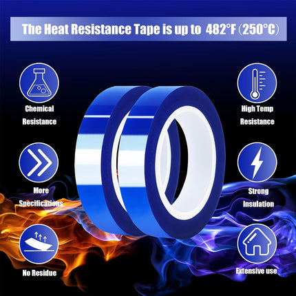 2 Rolls 10mm x16m(52FT) Blue Heat Tape High Temperature Heat Resistant Tape Heat Transfer Tape for Heat Sublimation Press Vinyl,No Residue.