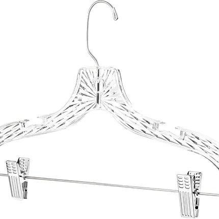 Clothes Hangers with Clips Plastic Set of 12 Pack Heavy Duty Hangers Dresses, T-Shirts Shirt Suit Hangers for Closet Organization Crystal Clear Hanger Pants Skirt Hanger Women and Men.