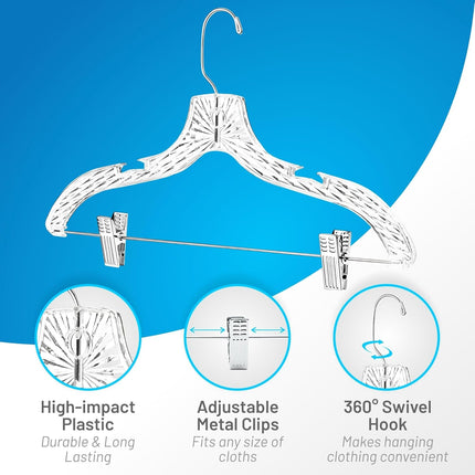 Clothes Hangers with Clips Plastic Set of 12 Pack Heavy Duty Hangers Dresses, T-Shirts Shirt Suit Hangers for Closet Organization Crystal Clear Hanger Pants Skirt Hanger Women and Men.