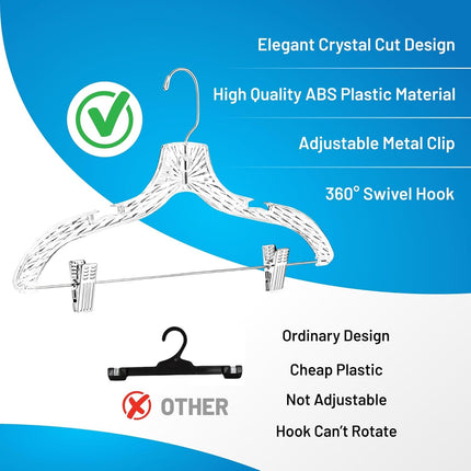 Clothes Hangers with Clips Plastic Set of 12 Pack Heavy Duty Hangers Dresses, T-Shirts Shirt Suit Hangers for Closet Organization Crystal Clear Hanger Pants Skirt Hanger Women and Men.