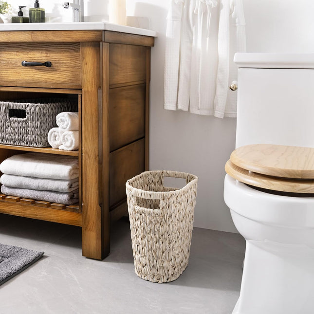 Wicker Trash Can, Waterproof Bathroom Trash Can, Wicker Waste Basket for Bathroom, Decorative Boho Waste Basket for Bedroom, Office, 19 Liters/5 Gallons.