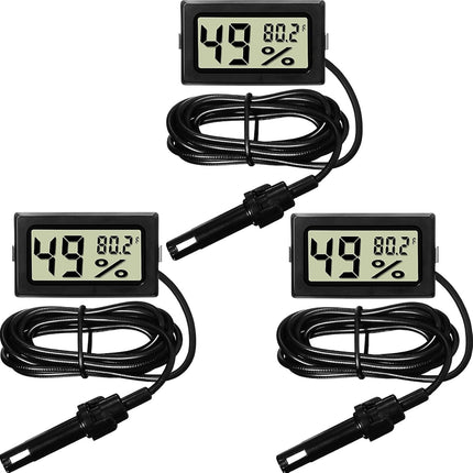 Mini Digital Temperature Humidity Meters Gauge with Probe Gauge LCD Fahrenheit Display Thermometer Hygrometer for Incubator Reptile Plant Greenhouse Chicken Coop Garden(Black, 3 Pieces).