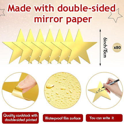 80 Pieces Stars Cutouts Glitter Double Printed Paper Cardboard Stars Decorations for Bulletin Board Classroom Wall Party Decoration Supply, 6 Inches(Gold).