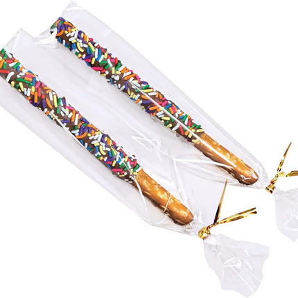 100 CT 2x10 Inch Clear Flat Cellophane Treat Bags with 4” Gold Twist Ties, Cello Packaging for Pretzel Rods, Cookies, Candies and Jewelry Wrappers.