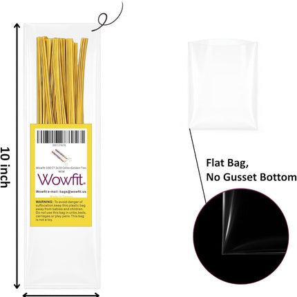 100 CT 2x10 Inch Clear Flat Cellophane Treat Bags with 4” Gold Twist Ties, Cello Packaging for Pretzel Rods, Cookies, Candies and Jewelry Wrappers.