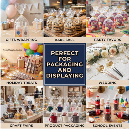 100 CT 2x10 Inch Clear Flat Cellophane Treat Bags with 4” Gold Twist Ties, Cello Packaging for Pretzel Rods, Cookies, Candies and Jewelry Wrappers.