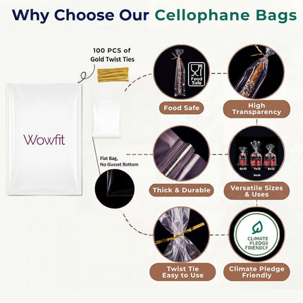 100 CT 2x10 Inch Clear Flat Cellophane Treat Bags with 4” Gold Twist Ties, Cello Packaging for Pretzel Rods, Cookies, Candies and Jewelry Wrappers.