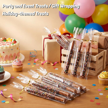 100 CT 2x10 Inch Clear Flat Cellophane Treat Bags with 4” Gold Twist Ties, Cello Packaging for Pretzel Rods, Cookies, Candies and Jewelry Wrappers.