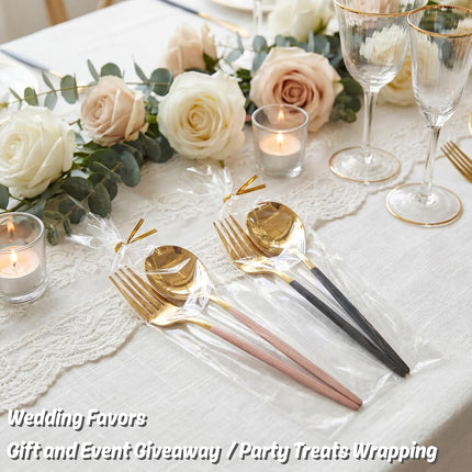 100 CT 2x10 Inch Clear Flat Cellophane Treat Bags with 4” Gold Twist Ties, Cello Packaging for Pretzel Rods, Cookies, Candies and Jewelry Wrappers.