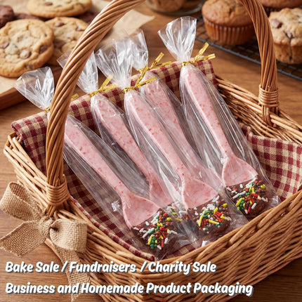 100 CT 2x10 Inch Clear Flat Cellophane Treat Bags with 4” Gold Twist Ties, Cello Packaging for Pretzel Rods, Cookies, Candies and Jewelry Wrappers.