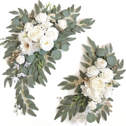Faux Arch Flower Swag Set of 2 for Wedding Welcome Signs Floral Swag Wedding Reception Ceremony Signs Decor (White).