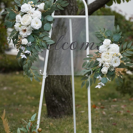 Faux Arch Flower Swag Set of 2 for Wedding Welcome Signs Floral Swag Wedding Reception Ceremony Signs Decor (White).