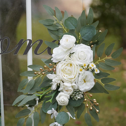 Faux Arch Flower Swag Set of 2 for Wedding Welcome Signs Floral Swag Wedding Reception Ceremony Signs Decor (White).