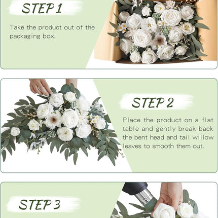 Faux Arch Flower Swag Set of 2 for Wedding Welcome Signs Floral Swag Wedding Reception Ceremony Signs Decor (White).