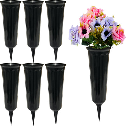 Memorial Floral Vases, Cemetery Vase, Headstones Flower Holder, Grave Cone Vase, Flower Pots for Outdoor Plants, Decorative Plastic Containers (Set of 6, Black).
