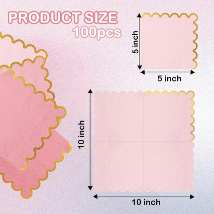 100 pack Pink Mix Cocktail Napkins with Gold Foil Accents Scalloped Edges 5 x 5 inch Beverage Disposable Napkin Party Decoration Wedding Bridal and Baby Shower Dinner Lunch Supplies.