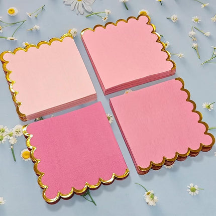 100 pack Pink Mix Cocktail Napkins with Gold Foil Accents Scalloped Edges 5 x 5 inch Beverage Disposable Napkin Party Decoration Wedding Bridal and Baby Shower Dinner Lunch Supplies.