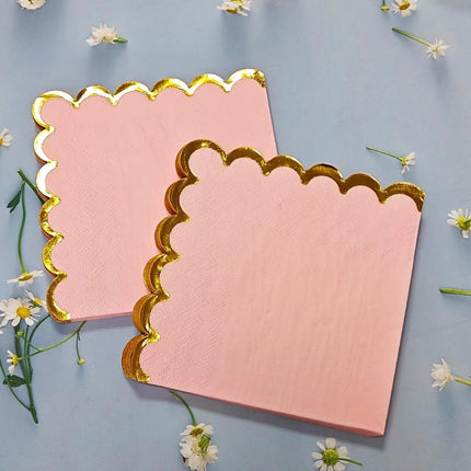 100 pack Pink Mix Cocktail Napkins with Gold Foil Accents Scalloped Edges 5 x 5 inch Beverage Disposable Napkin Party Decoration Wedding Bridal and Baby Shower Dinner Lunch Supplies.