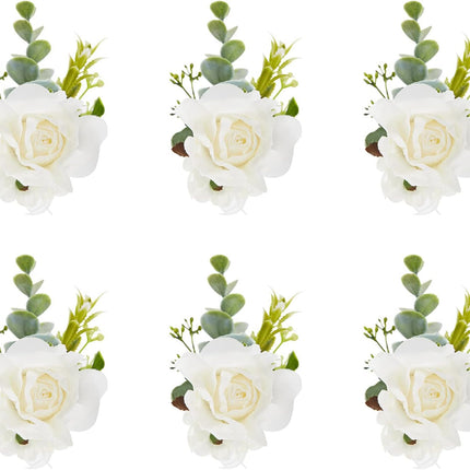 White Ivory Rose Wrist Corsage, Set of 6, Wedding Bridal Flower Corsage Hand Decor for Prom Party Homecoming, Wristband Flowers Bride, Bridesmaid, Girl.