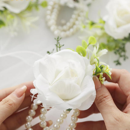 White Ivory Rose Wrist Corsage, Set of 6, Wedding Bridal Flower Corsage Hand Decor for Prom Party Homecoming, Wristband Flowers Bride, Bridesmaid, Girl.