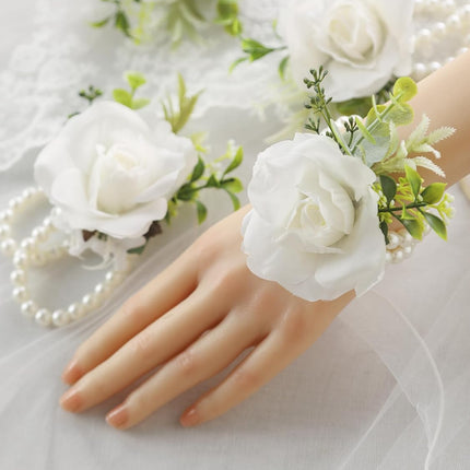 White Ivory Rose Wrist Corsage, Set of 6, Wedding Bridal Flower Corsage Hand Decor for Prom Party Homecoming, Wristband Flowers Bride, Bridesmaid, Girl.