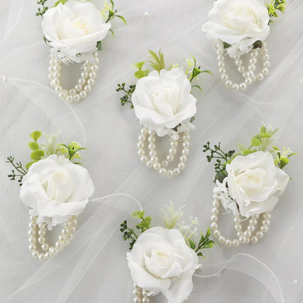 White Ivory Rose Wrist Corsage, Set of 6, Wedding Bridal Flower Corsage Hand Decor for Prom Party Homecoming, Wristband Flowers Bride, Bridesmaid, Girl.