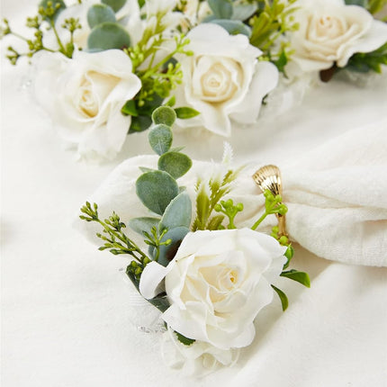 White Ivory Rose Wrist Corsage, Set of 6, Wedding Bridal Flower Corsage Hand Decor for Prom Party Homecoming, Wristband Flowers Bride, Bridesmaid, Girl.