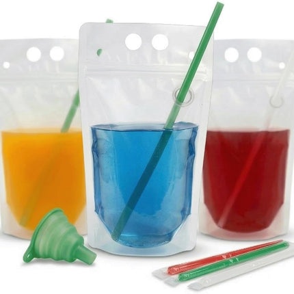 100PCS Drink Pouches with Side Straw Port, Resealable Leak-Resistant Beverage Bags with Straws & Funnel, 17oz Bulk Party Drink Containers for Cocktails, Juice & Slushies.