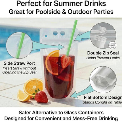 100PCS Drink Pouches with Side Straw Port, Resealable Leak-Resistant Beverage Bags with Straws & Funnel, 17oz Bulk Party Drink Containers for Cocktails, Juice & Slushies.
