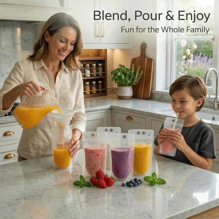 100PCS Drink Pouches with Side Straw Port, Resealable Leak-Resistant Beverage Bags with Straws & Funnel, 17oz Bulk Party Drink Containers for Cocktails, Juice & Slushies.