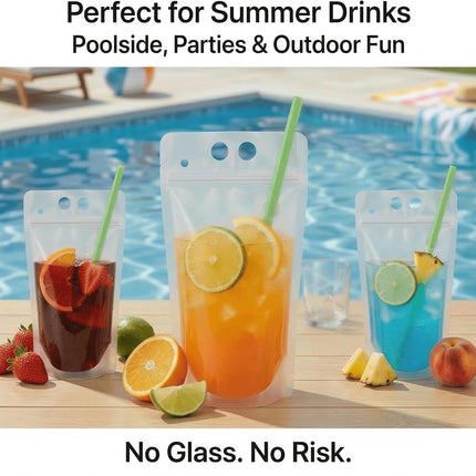 100PCS Drink Pouches with Side Straw Port, Resealable Leak-Resistant Beverage Bags with Straws & Funnel, 17oz Bulk Party Drink Containers for Cocktails, Juice & Slushies.