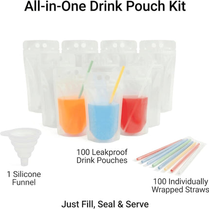 100PCS Drink Pouches with Side Straw Port, Resealable Leak-Resistant Beverage Bags with Straws & Funnel, 17oz Bulk Party Drink Containers for Cocktails, Juice & Slushies.