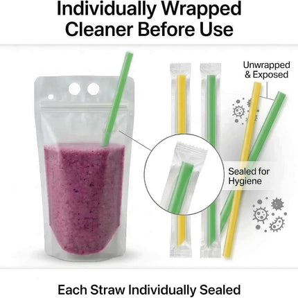 100PCS Drink Pouches with Side Straw Port, Resealable Leak-Resistant Beverage Bags with Straws & Funnel, 17oz Bulk Party Drink Containers for Cocktails, Juice & Slushies.