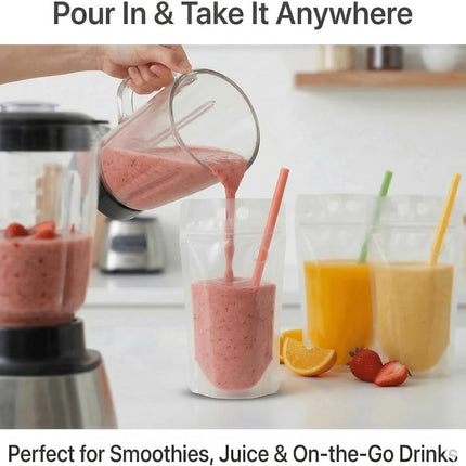 100PCS Drink Pouches with Side Straw Port, Resealable Leak-Resistant Beverage Bags with Straws & Funnel, 17oz Bulk Party Drink Containers for Cocktails, Juice & Slushies.