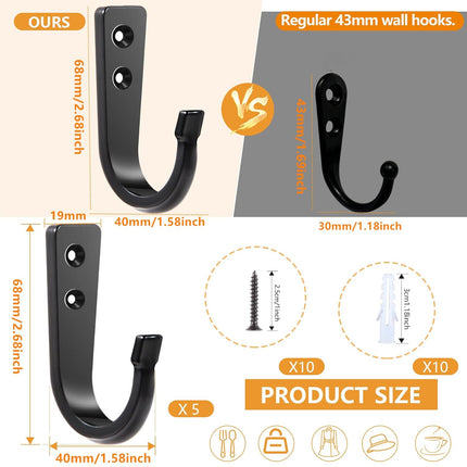 5 Large Size Heavy Duty Wall Hooks, Coat Hooks for Hanging Pans, Backpacks, Coats, Garage Items (Black).